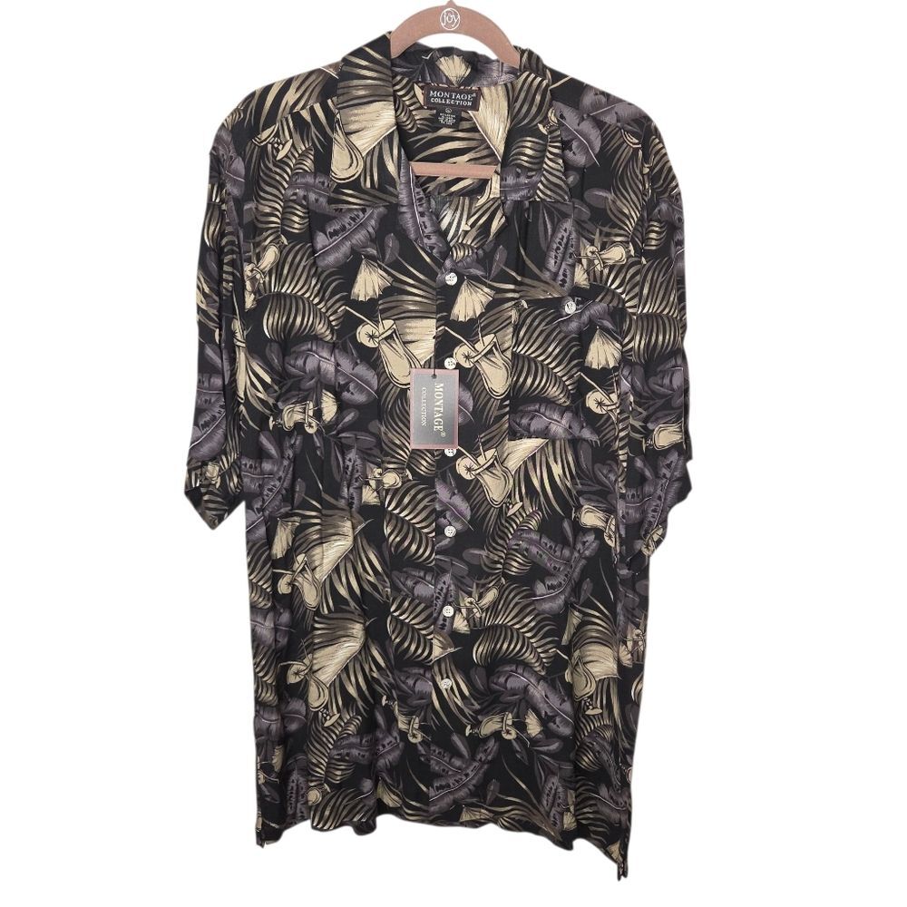 Montage Collection Nwt Men's short-sleeve button-up shirt black and tan palm XL